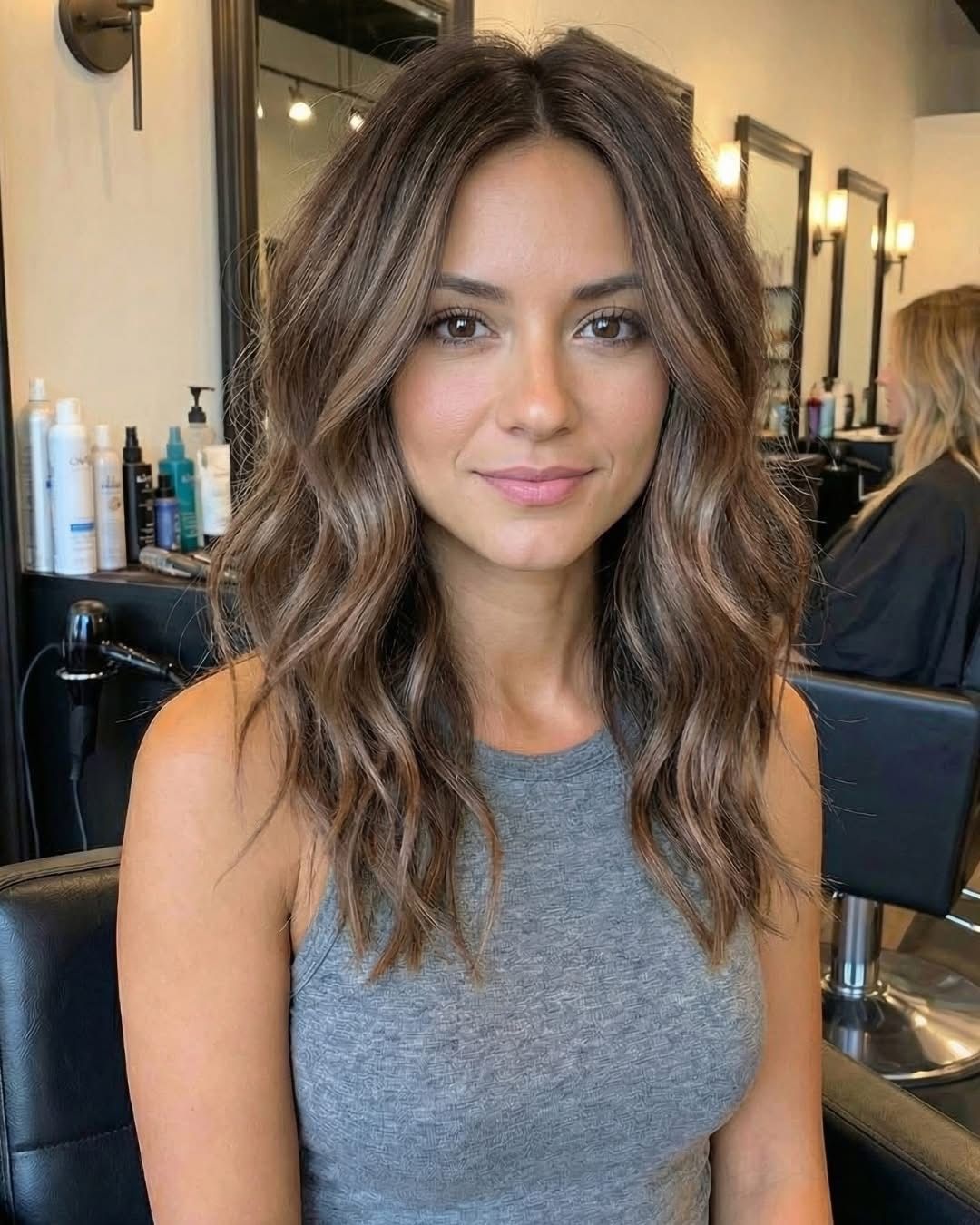 Curtain bangs with long layers on wavy hair framing the face softly